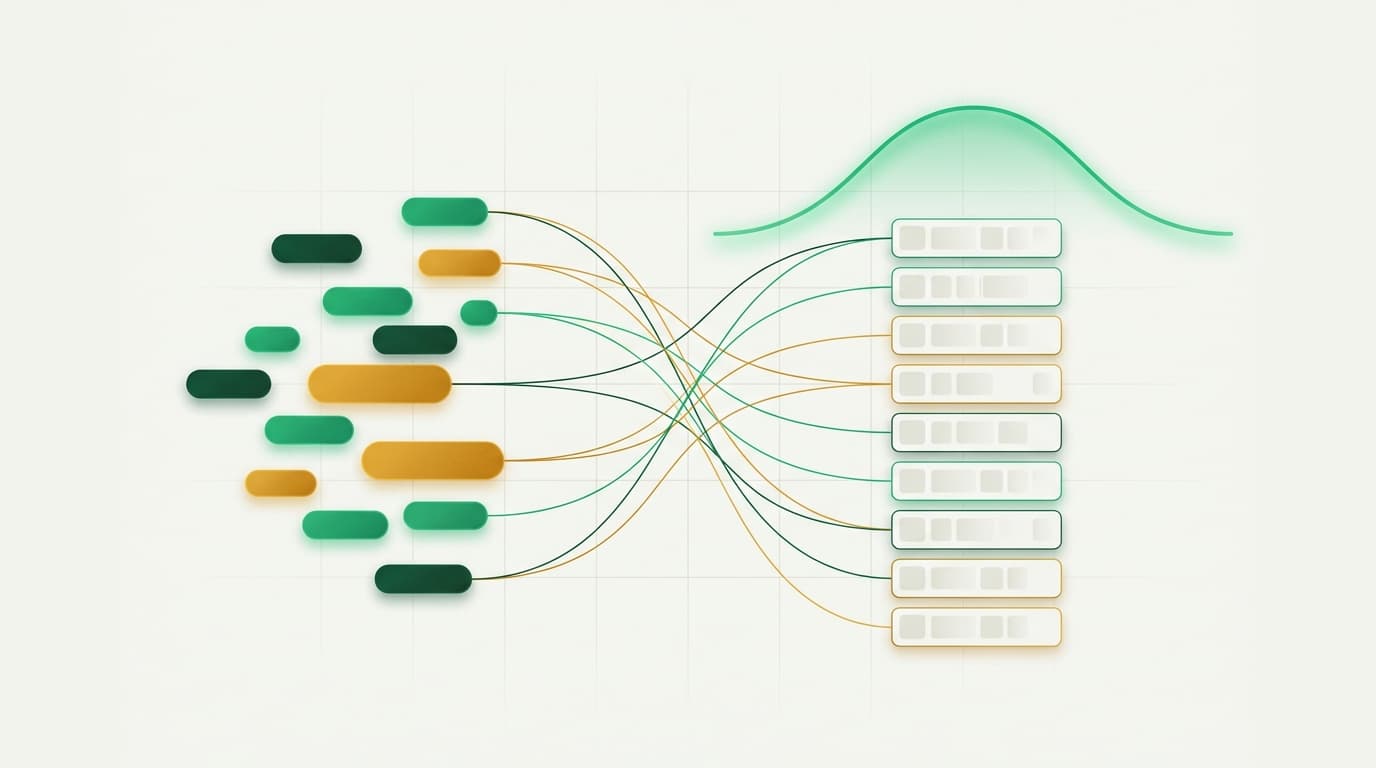An infographic of tag pills feeding into an ordered setlist column with an energy curve forming above it