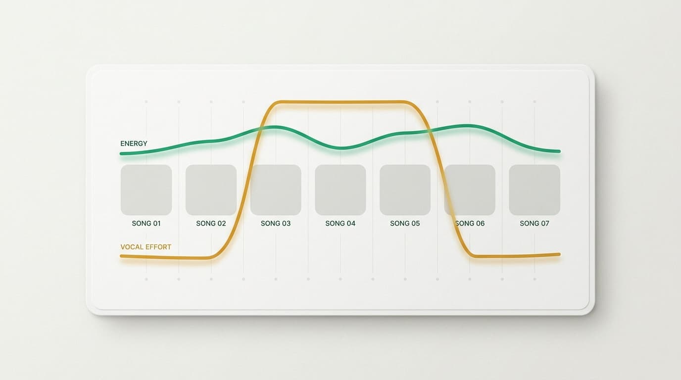 An infographic of a set as a row of song blocks, with an emerald energy line and an amber vocal-effort line tracking separately across them