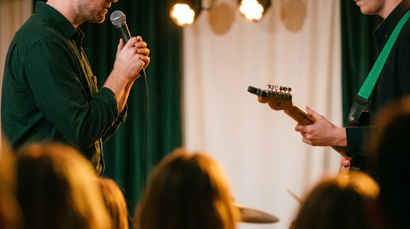 Close-up of a guitarist and singer starting a set under warm stage light, audience blurred in the foreground