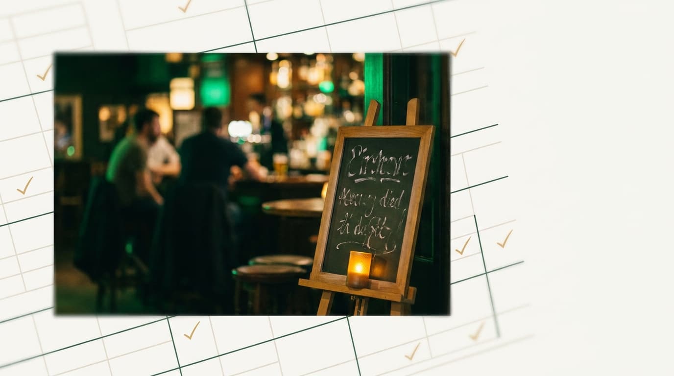 A warmly lit pub interior at night with a chalkboard gig sign, suggesting a regular weekly residency