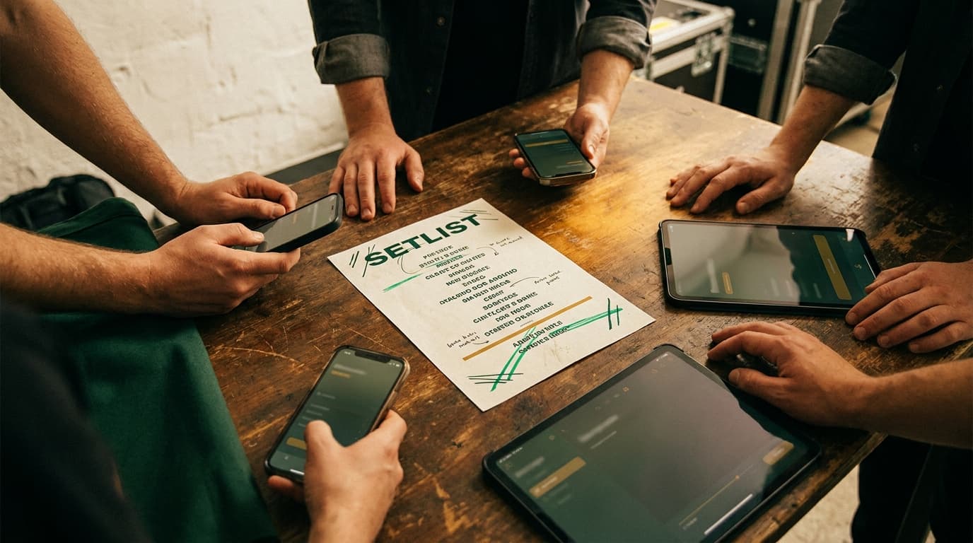 Several phones and a tablet arranged around a printed setlist on a wooden table backstage