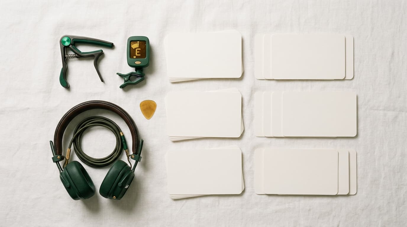 An organised overhead flat-lay of index cards, a capo, a tuner and headphones on an off-white surface
