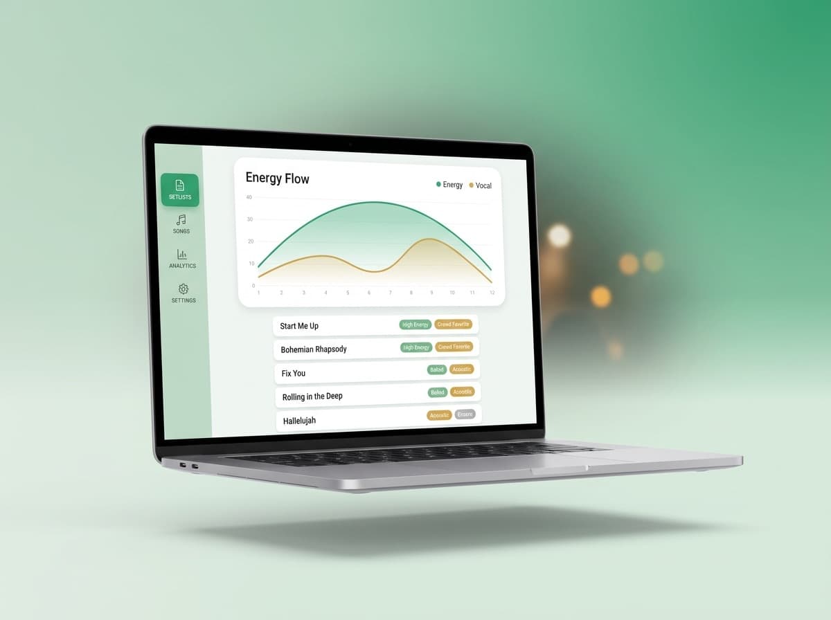 The Set List Creator builder showing a gig's energy and vocal pacing graph above a drag-and-drop song list