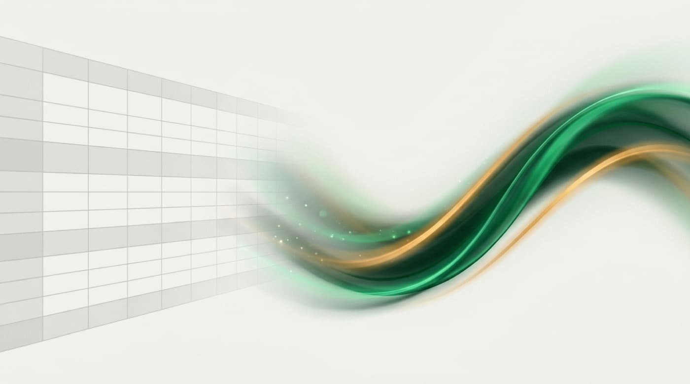 A flat grey spreadsheet grid dissolving into a vibrant emerald and amber setlist energy curve