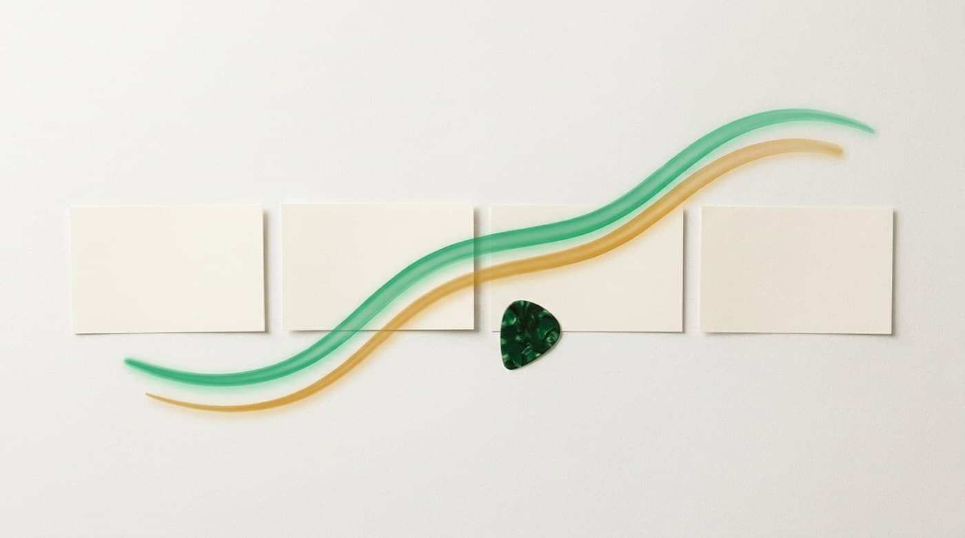 Setlist index cards laid out in a row with a guitar pick and a hand-drawn emerald and amber energy curve sweeping across them
