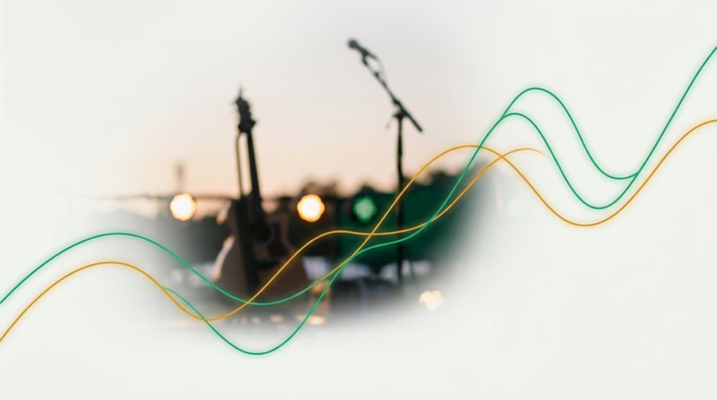 A softly lit stage with a guitar and microphone, overlaid with an emerald and amber setlist energy curve